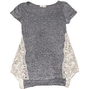 Paper + Tee Grey Heathered Knit Top with Ivory Crochet Lace Side Insets - Small